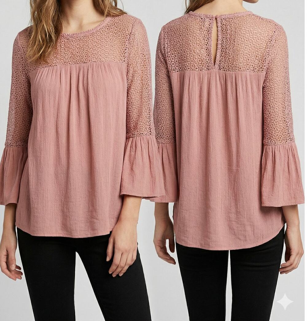 Gap Womens XS Rayon Modal Lace 3/4 Bell Sleeve Top Coral Pink